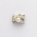 Italienisches Armband-Element mit goldener Schleife und weißer Perle - Kleiner Perlenschleifen-Stil (4)