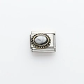 Italian charm link with white marble stone and gold beaded edge in stainless steel - Oval White Pattern (10)