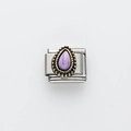 Italian charm bracelet link with purple teardrop stone and gold beaded border trim - Teardrop Purple Pattern (15)