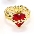Golden ring with heart-shaped red gemstone and crown detail on thorn-style band - Gold Red Heart Crown (6)