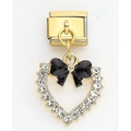 Italian charm link with a golden heart pendant featuring black bow and rhinestones - Rhinestone Heart Black Bow (17)