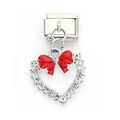 Italian modular heart charm with sparkling rhinestones and a red enamel bow link - Red Bow Heart Frame Pendant (15)