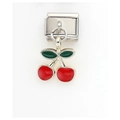Italian modular charm featuring a vibrant red cherry pendant in polished stainless steel - Red Fruit Green Leaf Cherry Pendant (19)