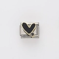 Italian charm link with black enamel heart, gold border and cubic zirconia stone - Black Heart with Rhinestone (24)