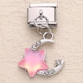 Italian modular charm with crescent moon and pink star pendant for DIY steel bracelet - Iridescent Pink Moon Star Style (8)