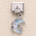 Italian charm stainless steel bracelet link featuring a crescent moon opal pendant - Iridescent Blue Moon Zirconia (15)