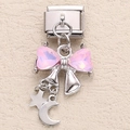 Italian charm pendant with pink crystal bow and silver star moon dangles for DIY bracelet - Iridescent Pink Moon Star Bow (16)