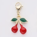 Pendentif cerise en émail avec fruits rouges, feuilles vertes et fermoir mousqueton - Style Double Cerise Rouge (11)