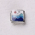 Maillon de bracelet italien en acier inoxydable avec paysage océanique bleu et soleil - Motif Minimaliste Vagues de Lever de Soleil (3)