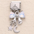Silver Italian charm featuring a blue iridescent bow with star and moon dangles - Iridescent Blue Moon Star Bow (18)