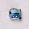 Maillon de bracelet italien en acier inoxydable avec design émaillé mer bleue et soleil - Motif Paysage de Lever de Soleil en Mer (9)