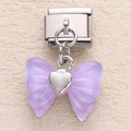 Italian charm link with purple translucent bow and silver heart on stainless steel - Iridescent Purple Pearly Bow (22)