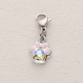 Detail of silver cat paw charm with pink enamel and iridescent heart-shaped gemstone - Pink Cat Paw with Heart Iridescent Rhinestone Style (ZT-DZ-430)