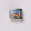 Maillon de charme italien émaillé bleu avec arc-en-ciel et texte PEACE en acier - Motif Texte de Paix Arc-en-Ciel (10)