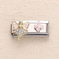 Italian charm link with pink enamel fairy and rhinestone flower in stainless steel - Gold Fairy Flower Rhinestone Style (23)