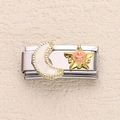Italian charm link with gold moon, mother of pearl inlay and pink smiley star - Gold Moon Star Smiley Style (25)