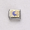 Italienischer Modul-Charm aus Edelstahl mit goldenem Sonnenstern und lila Zentrum - Mond und Sterne Kunst