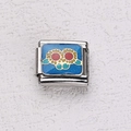 Italienischer Armband-Link aus Edelstahl mit blauem Glitzer und gelbem Blumenmuster - Glitzer Abstrakt