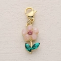 Pink flower charm with lobster clasp and green crystal leaves on gold base - Pink Beaded Crystal Flower (12)
