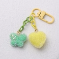Green butterfly and yellow heart charm keychain with frosted crystal texture and metal carabiner - Green Butterfly and Yellow Heart Double Pendant (6)