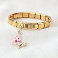 Gold modular charm bracelet with colorful enamel butterfly pendant and small pearls - Pink Butterfly Pendant(6)