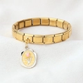 Italian modular charm bracelet in gold finish featuring a pink tulip enamel pendant - Yellow Base Pink Tulip Oval Pendant(1)