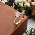 Adjustable silver ring with pink round zircon and pavé crystals on the band - Round Pink Main Stone Paved Style (1) / Adjustable Open Size / Silver