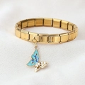 Gold stainless steel modular bracelet featuring a teal enamel butterfly and pearl charm - Teal Blue Butterfly Pendant(5)