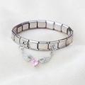 Bracelet modulaire italien en acier inoxydable avec cœur rose et pendentif ailes - Ailes d'ange argentées avec pendentif cœur en zircone rose (5)
