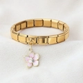 Gold stainless steel link bracelet with pink enamel tulip pendant and pearl charms - Pink Flower Pendant(7)