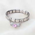 Bracelet à breloques italien en acier inoxydable avec pendentif cœur rose et nœud - Nœud papillon pavé argenté avec pendentif cœur en zircone rose (6)