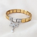 Bracelet modulaire italien or et argent avec nœud en zircon et pendentif en perle - Nœud papillon bicolore or argent avec pendentif perle artificielle (8)