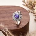 Adjustable silver ring featuring a rotating purple opal sunflower with white zircons - Sun Flower Rotating Style / Adjustable Open / Purple Zirconia (Silver)