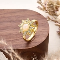 Rotating sunflower gold ring featuring opal center and micro-pave cubic zirconia - Sun Flower Rotating Style / Adjustable Open / Pink Zirconia (Gold)