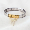 Bracelet modulaire italien doré avec pendentif nœud scintillant et pierres roses - Maillon bicolore or argent nœud papillon doré zircone blanche (9)