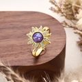 Golden sunflower ring with purple opal and white cubic zirconia on a wooden base - Sun Flower Rotating Style / Adjustable Open / Purple Zirconia (Gold)