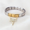 Bracelet modulaire italien en acier inoxydable avec nœud doré et perle élégante - Maillon bicolore or argent nœud papillon doré pendentif perle artificielle (10)