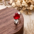 Silver open ring featuring a large red heart-shaped zircon and side diamond accents - Heart Style / Red