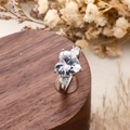 Elegant silver heart-shaped zircon ring with side accents on a wooden display - Heart Style / White