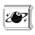 Detail of Italian modular charm in stainless steel featuring black 8 ball with star rings - Saturn Ring 8 Ball Style (5)