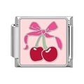 Italian modular charm link with pink cherry and bow design in polished stainless steel - Pink Bowknot Cherry Style (10)
