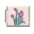 Italian modular charm in stainless steel featuring pink and purple enamel tulips - Purple Tulip Pink Frame (9)