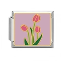 Italian charm link with pink tulips on purple enamel for modular stainless steel bracelet - Deep Pink Tulip Lavender Base (10)