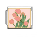 Italian charm link with pink tulip flower pattern on a stainless steel modular base - Pink Tulip Pink Base (15)