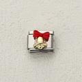 Italian charm link with golden Christmas bell and red bow in polished stainless steel - Gold Bell Red Bow Style (7)