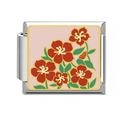 Italian modular charm featuring red floral enamel design on stainless steel base - Red Flower Green Leaves Pink Base (20)
