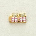 Italian charm link with double golden bears in purple and white checkered enamel finish - Purple/White Argyle Bear
