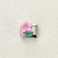Maglia charm italiana con fiore viola e foglie verdi su base in metallo argento - Fiore Viola (19)