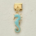 Italian charm link featuring a gold-edged light blue enamel seahorse pendant on steel - Light Blue Sea Horse