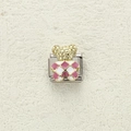 Italian charm link with a golden textured bear head and pink checkered enamel pattern - Pink Checkerboard Bear (1)